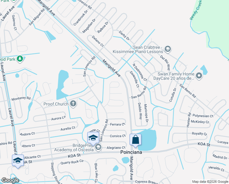 map of restaurants, bars, coffee shops, grocery stores, and more near 628 Milan Drive in Kissimmee