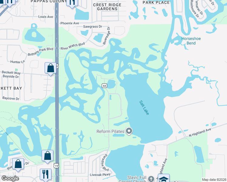 map of restaurants, bars, coffee shops, grocery stores, and more near 1520 Jade Lane in Tarpon Springs
