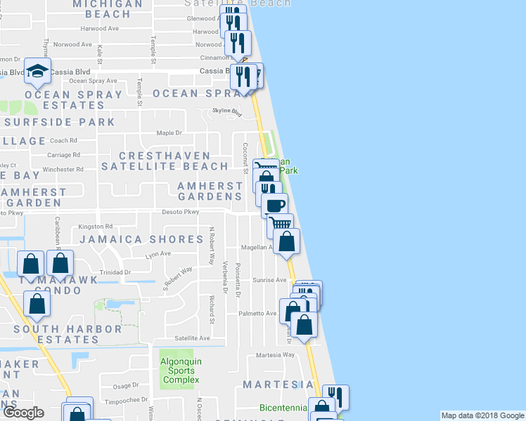 map of restaurants, bars, coffee shops, grocery stores, and more near 579 Coconut Street in Satellite Beach