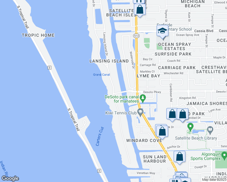 map of restaurants, bars, coffee shops, grocery stores, and more near 202 Lansing Island Drive in Satellite Beach
