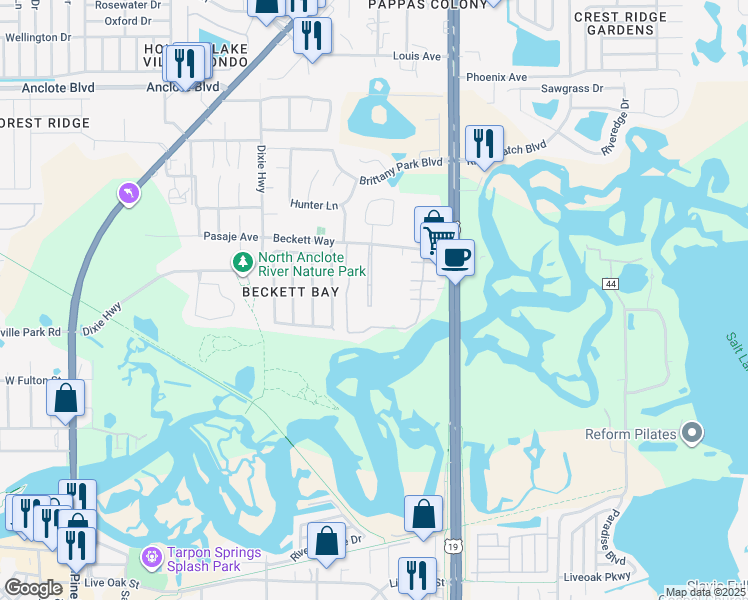 map of restaurants, bars, coffee shops, grocery stores, and more near 1575 Bridgewater Drive in Tarpon Springs