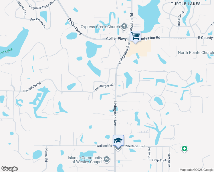 map of restaurants, bars, coffee shops, grocery stores, and more near 2220 Newberger Road in Lutz