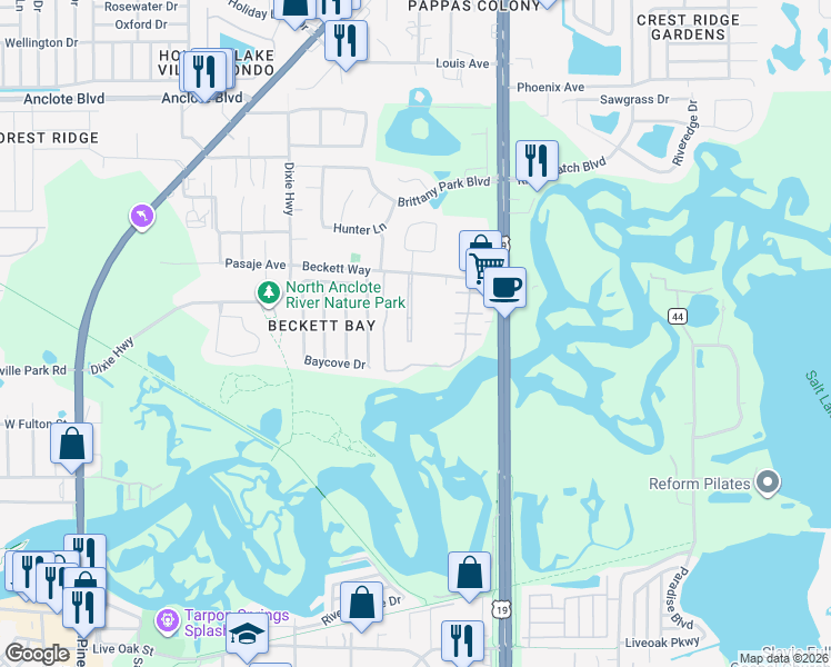map of restaurants, bars, coffee shops, grocery stores, and more near 1443 Hillview Lane in Tarpon Springs