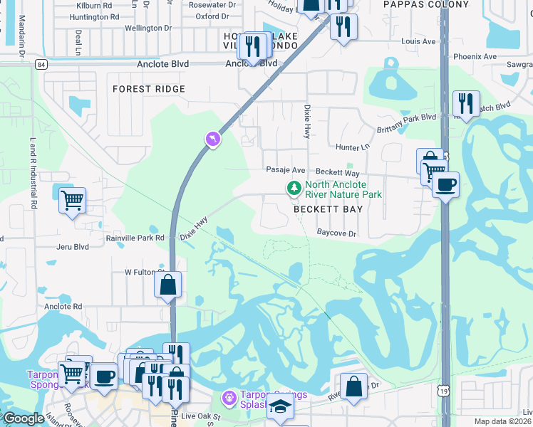 map of restaurants, bars, coffee shops, grocery stores, and more near 1411 Watermill Circle in Tarpon Springs