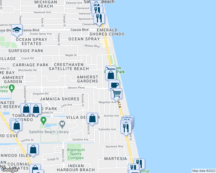 map of restaurants, bars, coffee shops, grocery stores, and more near 579 Coconut Street in Satellite Beach