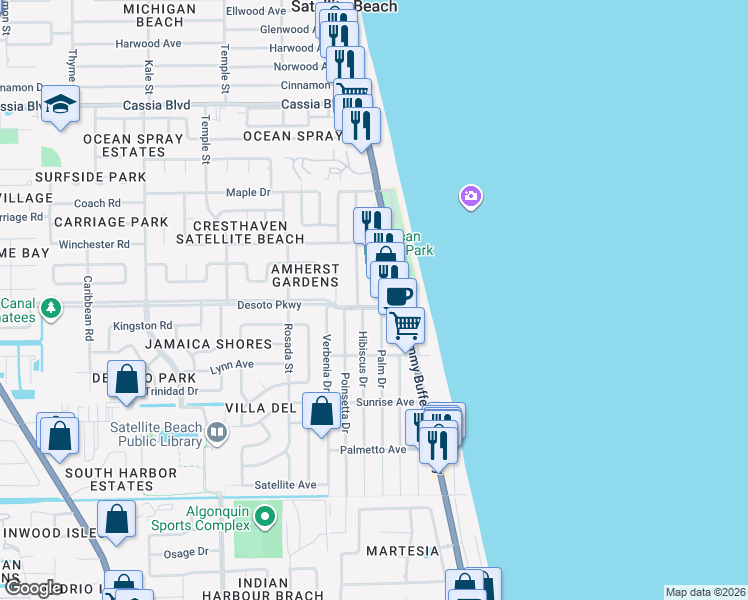map of restaurants, bars, coffee shops, grocery stores, and more near 110 Desoto Parkway in Satellite Beach