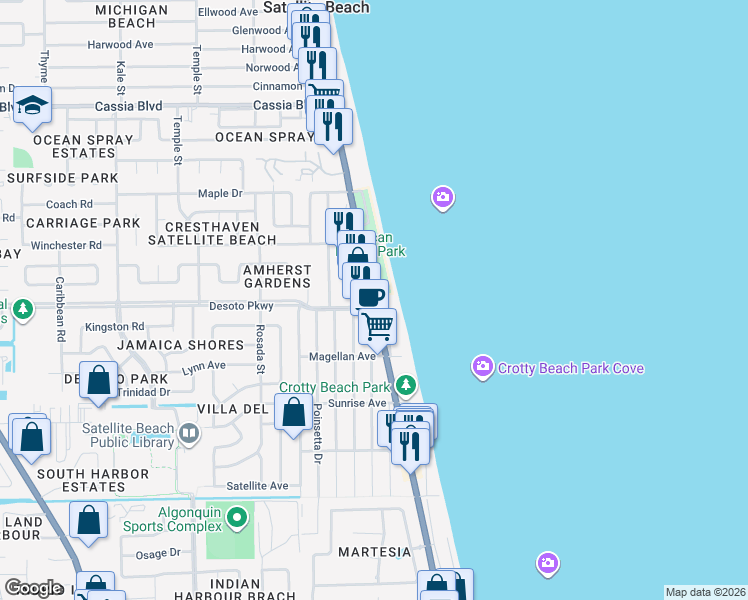 map of restaurants, bars, coffee shops, grocery stores, and more near 1595 Highway A1A in Satellite Beach