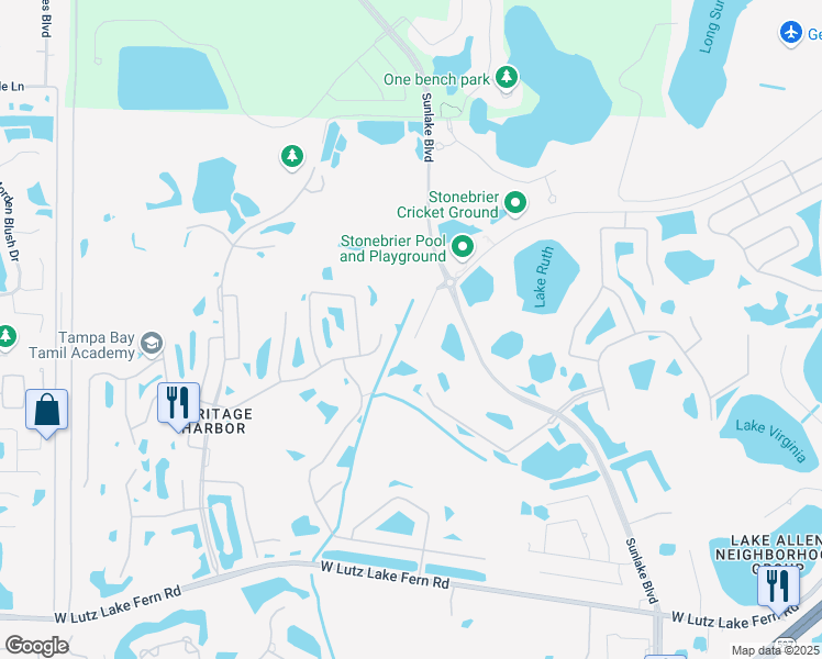 map of restaurants, bars, coffee shops, grocery stores, and more near 3823 Misty Willow Way in Lutz