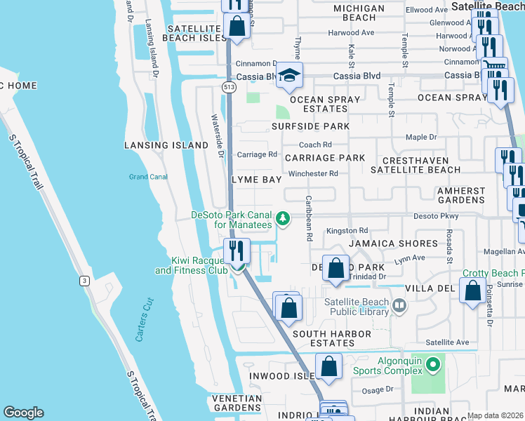 map of restaurants, bars, coffee shops, grocery stores, and more near 517 Summerset Court in Satellite Beach