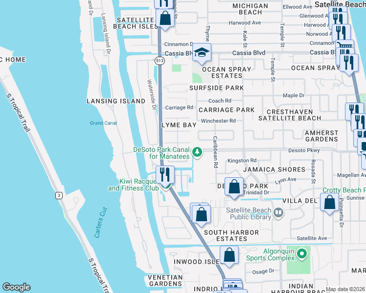 map of restaurants, bars, coffee shops, grocery stores, and more near 522 Summerset Court in Satellite Beach