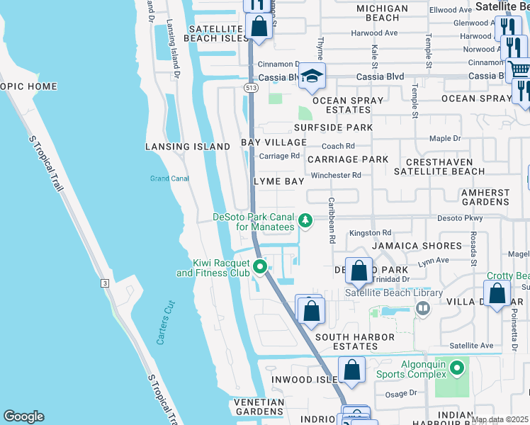 map of restaurants, bars, coffee shops, grocery stores, and more near 533 Summerset Court in Satellite Beach