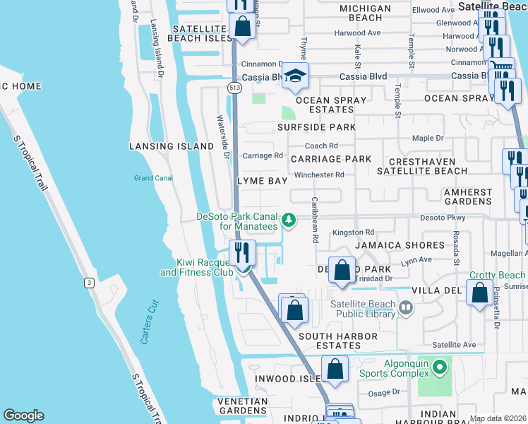 map of restaurants, bars, coffee shops, grocery stores, and more near 522 Summerset Court in Satellite Beach