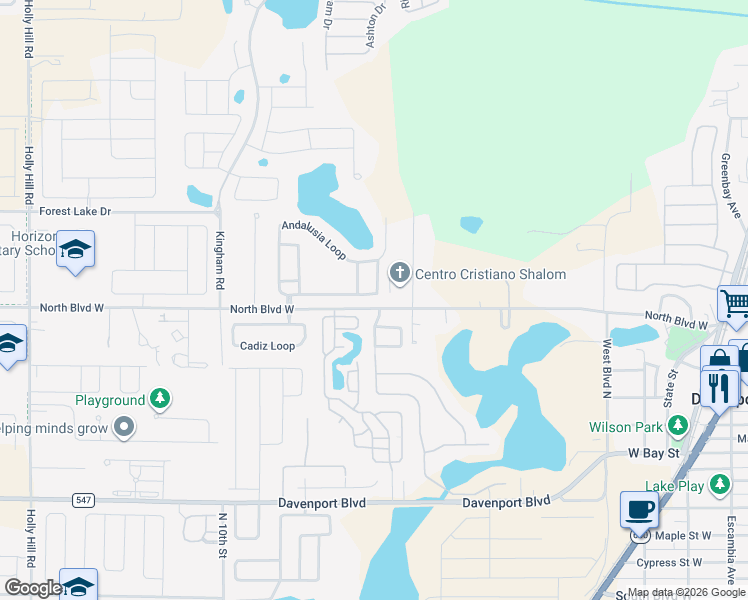 map of restaurants, bars, coffee shops, grocery stores, and more near 214 Andalusia Loop in Davenport