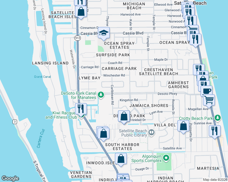 map of restaurants, bars, coffee shops, grocery stores, and more near 470 Desoto Parkway in Satellite Beach