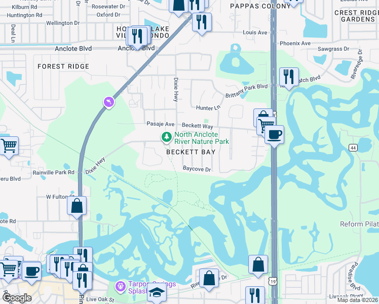 map of restaurants, bars, coffee shops, grocery stores, and more near 1509 Ridge Shore Drive in Tarpon Springs