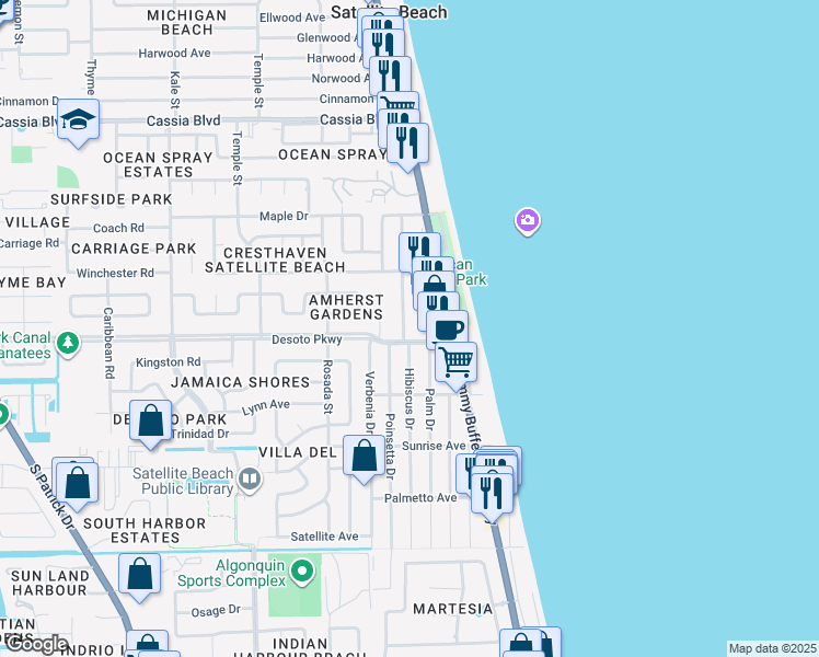map of restaurants, bars, coffee shops, grocery stores, and more near 579 Coconut Street in Satellite Beach