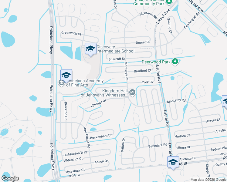 map of restaurants, bars, coffee shops, grocery stores, and more near 115 Birmingham Drive in Kissimmee