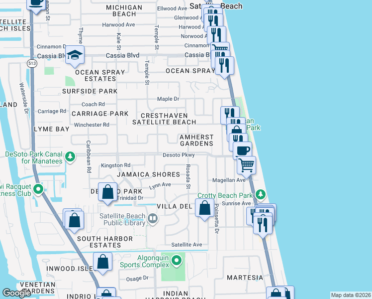 map of restaurants, bars, coffee shops, grocery stores, and more near 210 Desoto Parkway in Satellite Beach