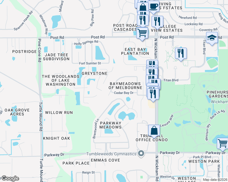 map of restaurants, bars, coffee shops, grocery stores, and more near 3290 Cedar Bay Drive in Melbourne