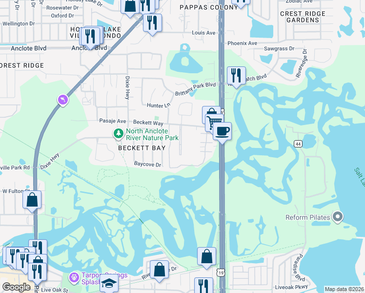 map of restaurants, bars, coffee shops, grocery stores, and more near 1575 Bridgewater Drive in Tarpon Springs