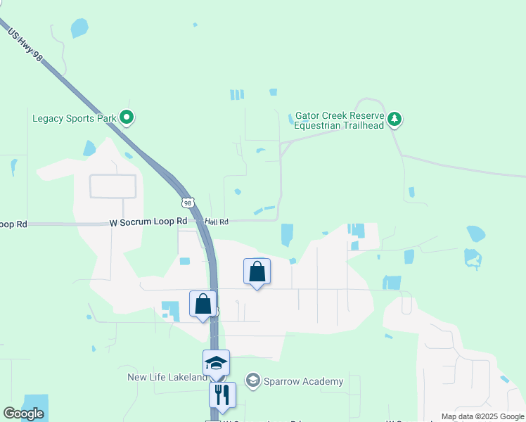 map of restaurants, bars, coffee shops, grocery stores, and more near 9180 Hall Road in Lakeland