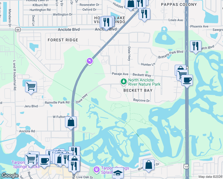 map of restaurants, bars, coffee shops, grocery stores, and more near 1472 Watermill Circle in Tarpon Springs