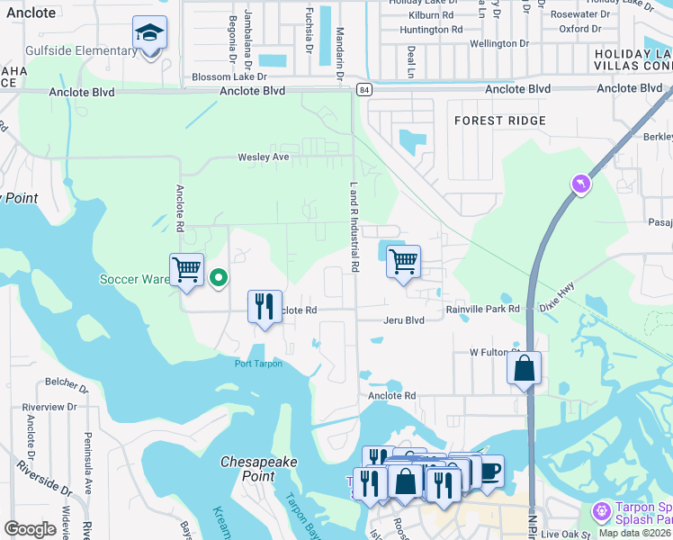 map of restaurants, bars, coffee shops, grocery stores, and more near 1468 North River Circle in Tarpon Springs