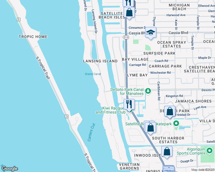 map of restaurants, bars, coffee shops, grocery stores, and more near 202 Lansing Island Drive in Satellite Beach