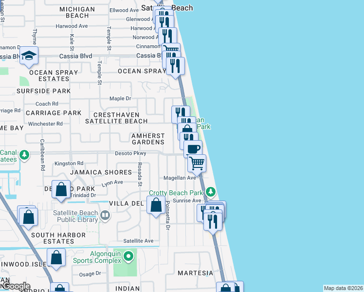 map of restaurants, bars, coffee shops, grocery stores, and more near 579 Coconut Street in Satellite Beach
