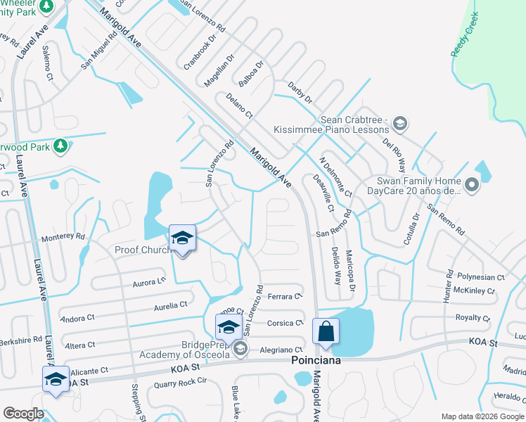 map of restaurants, bars, coffee shops, grocery stores, and more near 628 Milan Drive in Kissimmee