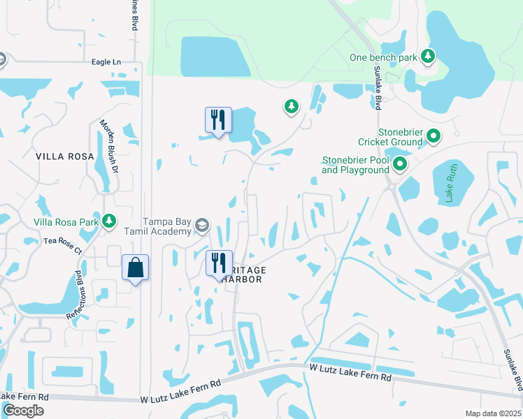 map of restaurants, bars, coffee shops, grocery stores, and more near 19321 Seacove Drive in Lutz