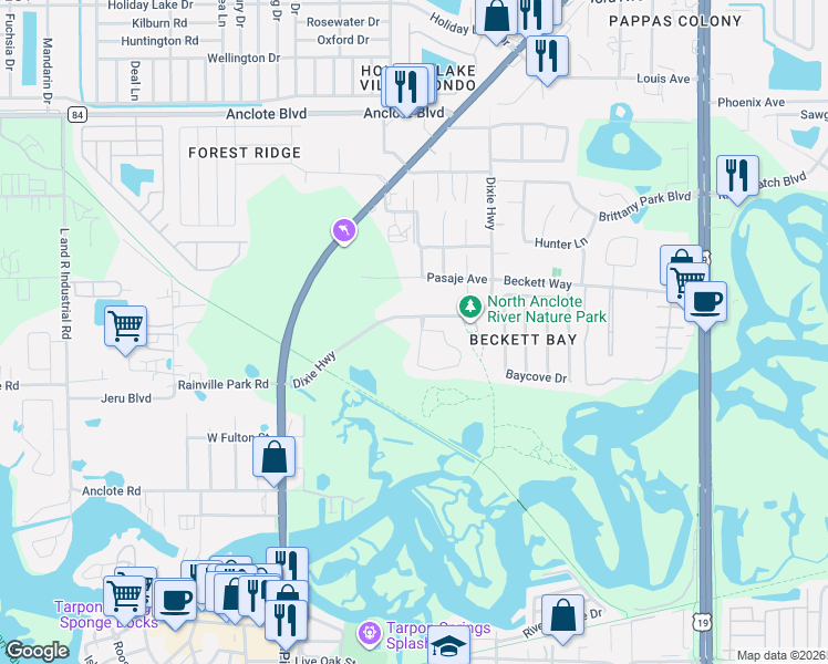 map of restaurants, bars, coffee shops, grocery stores, and more near 1472 Watermill Circle in Tarpon Springs