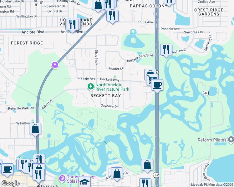 map of restaurants, bars, coffee shops, grocery stores, and more near 1505 Club Drive in Tarpon Springs