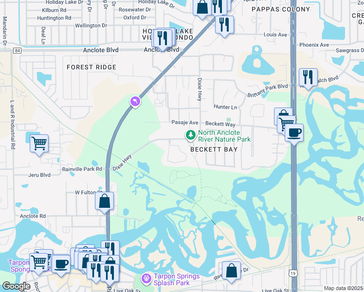 map of restaurants, bars, coffee shops, grocery stores, and more near 1411 Watermill Circle in Tarpon Springs