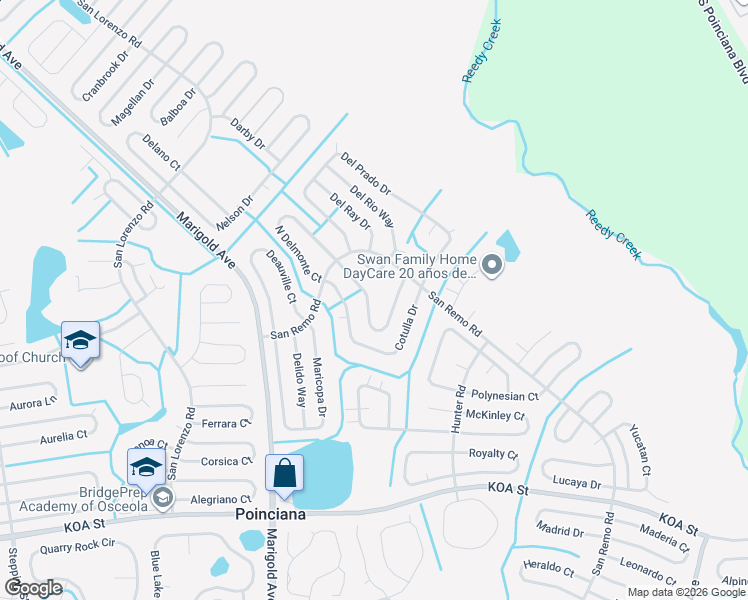 map of restaurants, bars, coffee shops, grocery stores, and more near 619 South Delmonte Court in Kissimmee