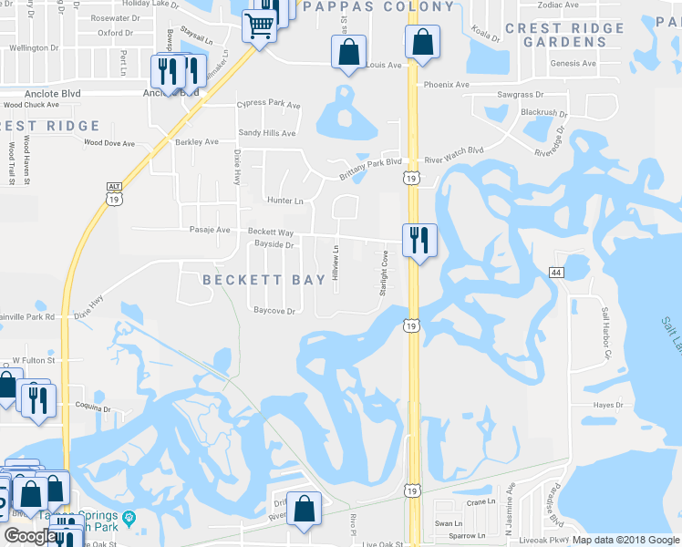 map of restaurants, bars, coffee shops, grocery stores, and more near 1501 Hillview Lane in Tarpon Springs