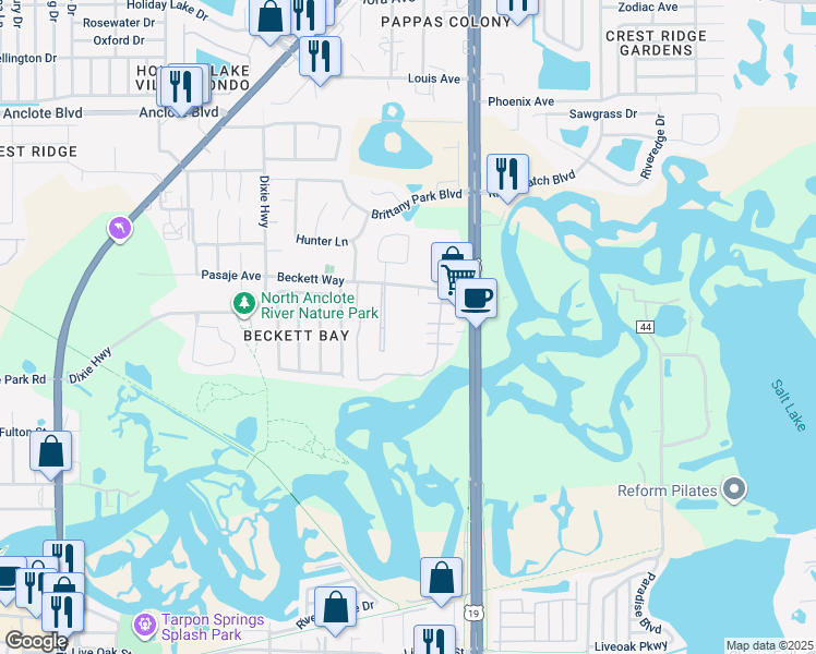 map of restaurants, bars, coffee shops, grocery stores, and more near 900 Beckett Way in Tarpon Springs
