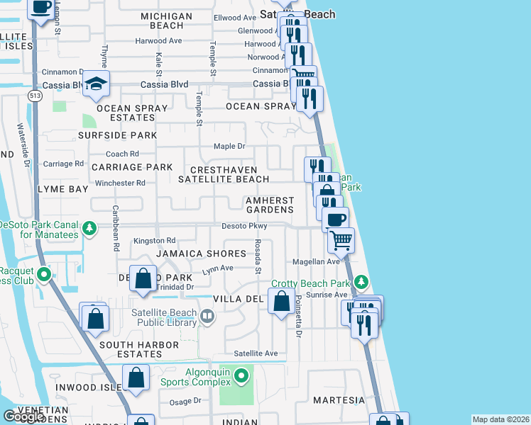 map of restaurants, bars, coffee shops, grocery stores, and more near 102 Carissa Drive in Satellite Beach