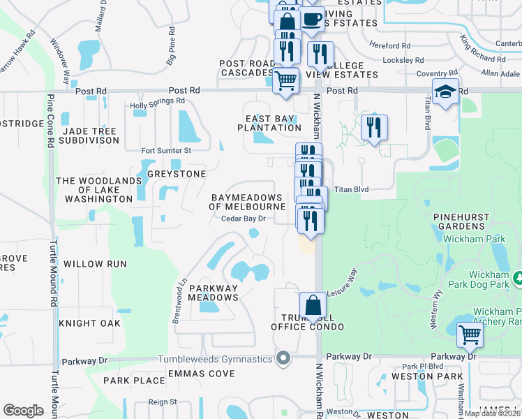 map of restaurants, bars, coffee shops, grocery stores, and more near 3163 Cauthen Creek Drive in Melbourne
