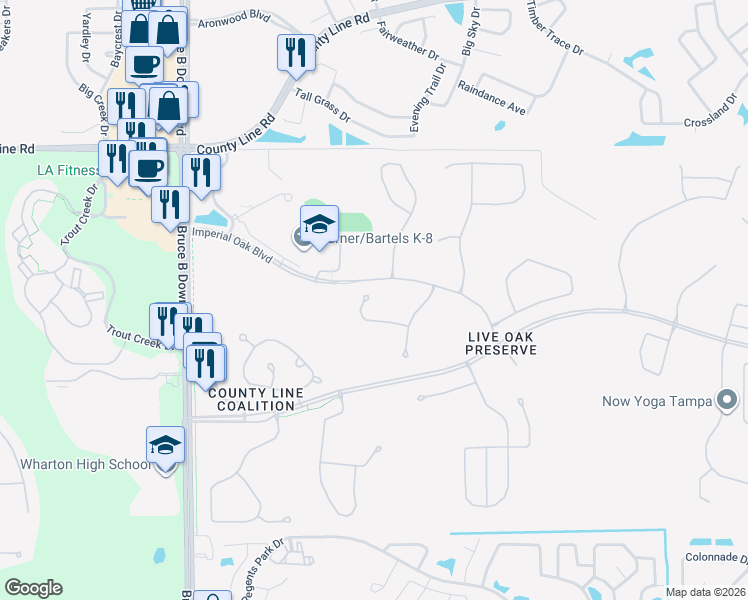 map of restaurants, bars, coffee shops, grocery stores, and more near 9306 Mandrake Court in Tampa