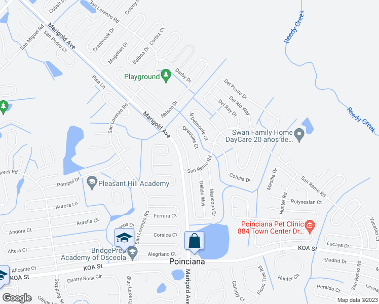 map of restaurants, bars, coffee shops, grocery stores, and more near 613 Deauville Court in Kissimmee