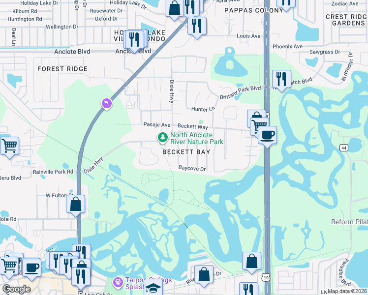map of restaurants, bars, coffee shops, grocery stores, and more near 1509 Ridge Shore Drive in Tarpon Springs