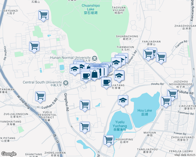 map of restaurants, bars, coffee shops, grocery stores, and more near Lu Shan Nan Lu in Chang Sha Shi