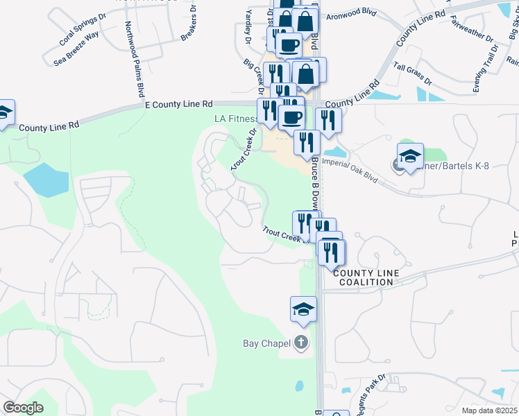 map of restaurants, bars, coffee shops, grocery stores, and more near Colonial Grand Drive in Tampa