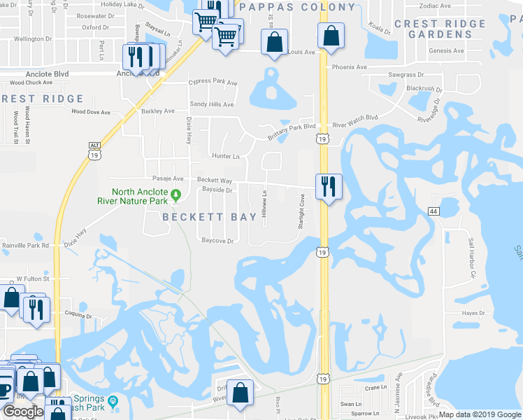 map of restaurants, bars, coffee shops, grocery stores, and more near 1575 Bridgewater Drive in Tarpon Springs