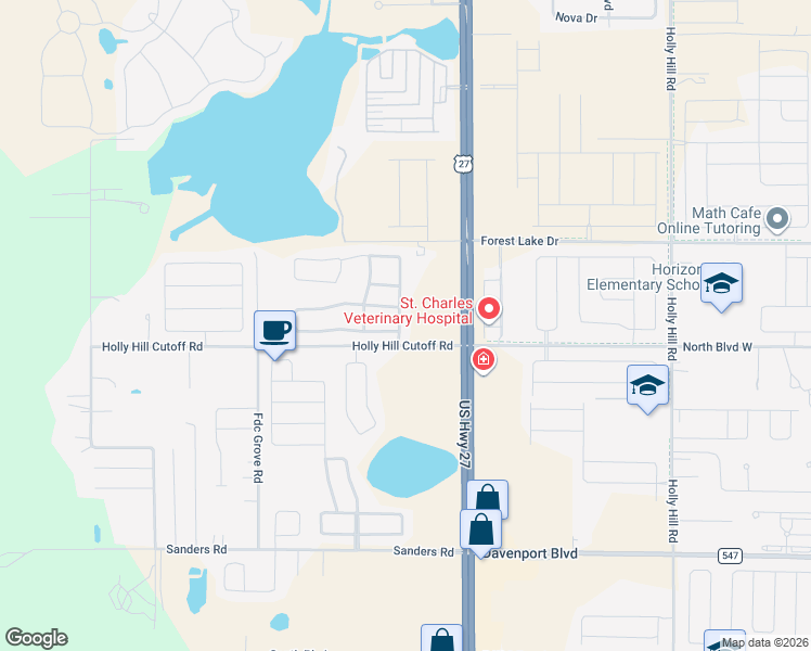 map of restaurants, bars, coffee shops, grocery stores, and more near 204 Lake Charles Drive in Davenport