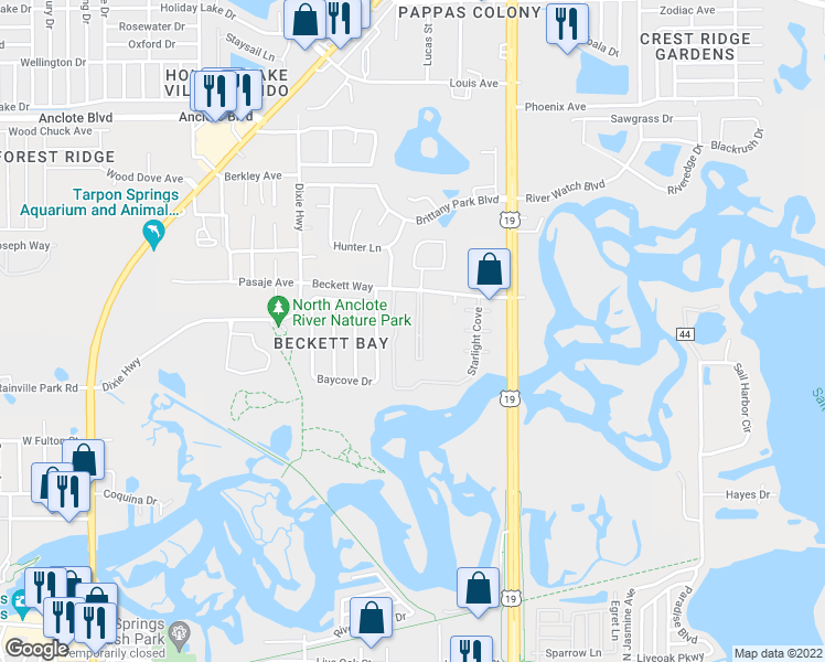 map of restaurants, bars, coffee shops, grocery stores, and more near 1506 Hillview Lane in Tarpon Springs