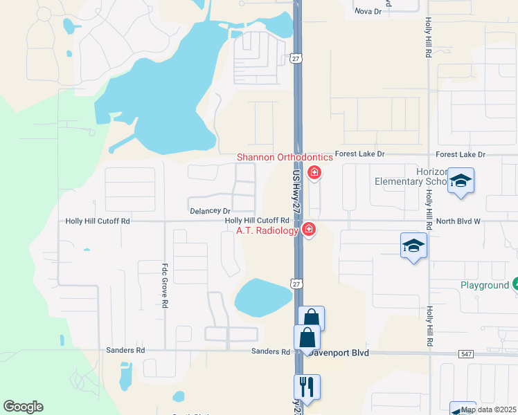 map of restaurants, bars, coffee shops, grocery stores, and more near 204 Lake Charles Drive in Davenport