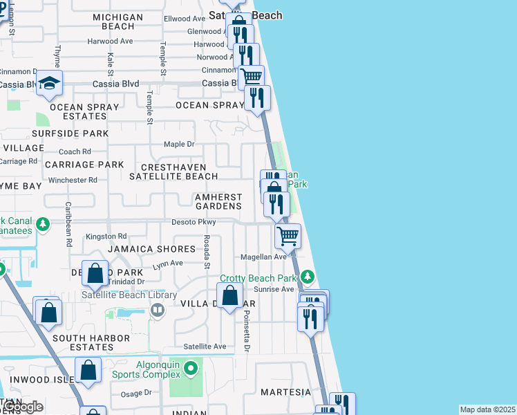 map of restaurants, bars, coffee shops, grocery stores, and more near 579 Coconut Street in Satellite Beach