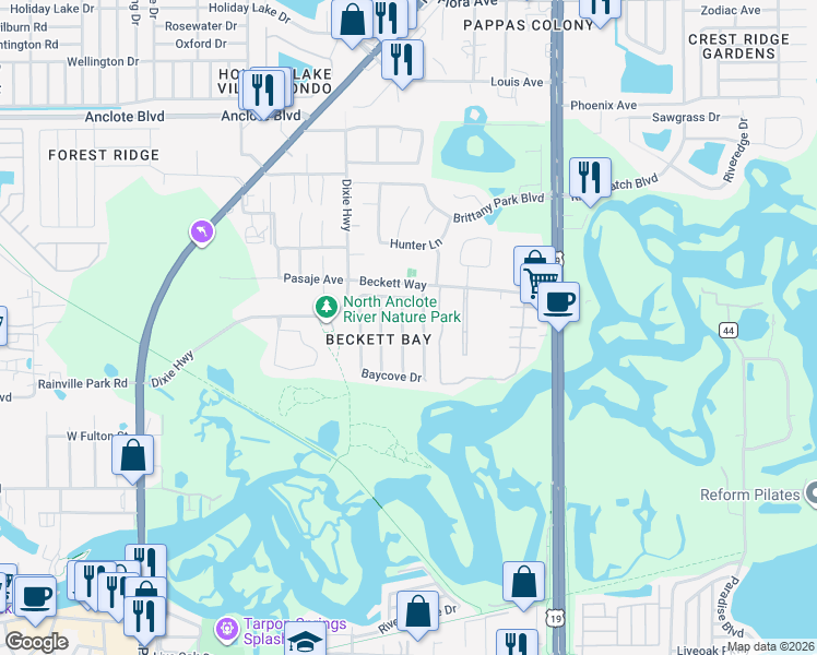 map of restaurants, bars, coffee shops, grocery stores, and more near 1505 Club Drive in Tarpon Springs